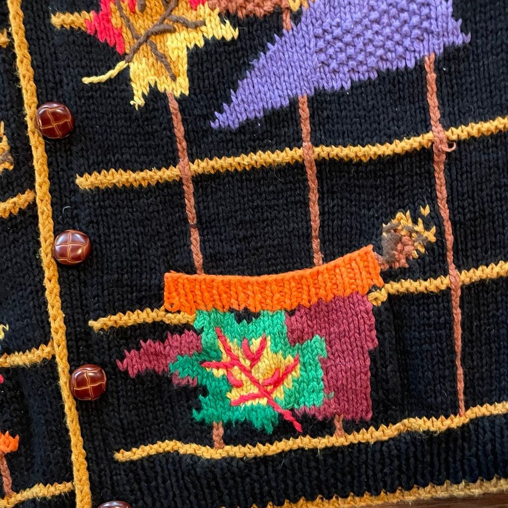 Vintage Cardigan Bay Hand Knit Fall Football Leaves Chunky Button Sweater medium - Picture 5 of 8